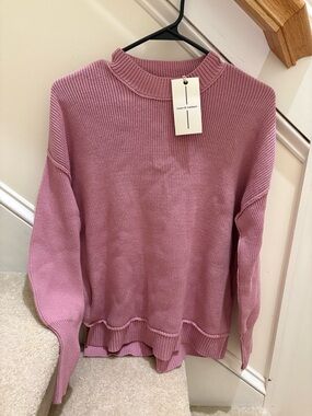 Maeve Scalloped Hem Ribbed Mock Neck Sweater - Dusty Pink